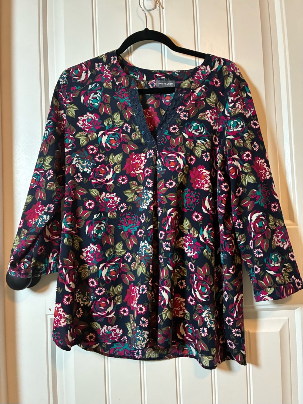 Van Heusen Navy Floral V-Neck Blouse with Magenta and Teal Accents